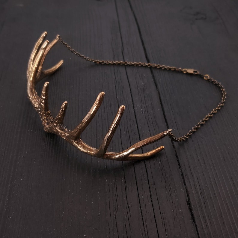 Unique Deer Stag Statement Piece Polished Oxidised Finish Antler Choker Necklace Solid Hand Cast Jewelers Bronze Three Dimensional