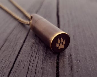 Dog Paw Print Cremation Ash Urn Necklace - Solid Brass - Custom Engraved Personalized Mourning Pet Urn