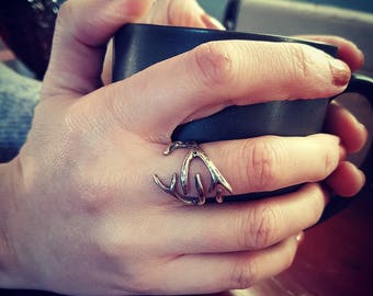 Deer Antler Wrap Ring in Solid Bronze or 925 Sterling Silver - Sizes 3.5 to 9 - Unisex Woodland Animal Statement Gift