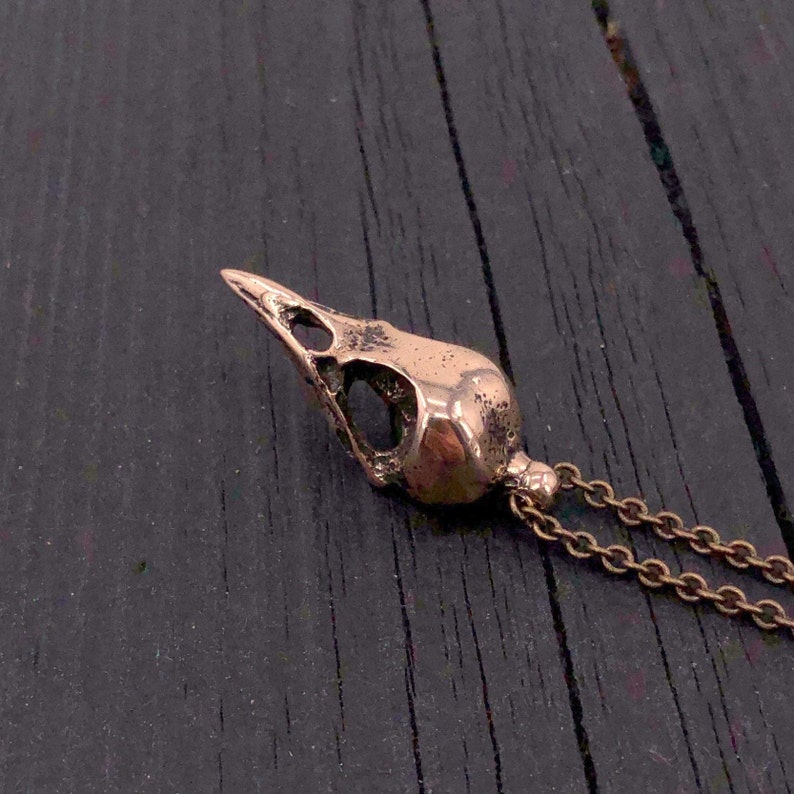 Crow Skull Charm Pendant Necklace Solid Cast Jewelers Bronze Unique Bird Skull Jewelry Gift for Bird Lover Multiple Chain Lengths image 2