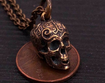 Ornate Human Skull Charm Pendant Necklace - Solid Hand Cast Bronze - Polished Oxidised Finish