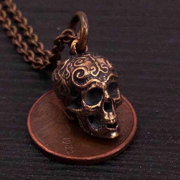 Ornate Human Skull Charm Pendant Necklace - Solid Hand Cast Bronze - Polished Oxidised Finish