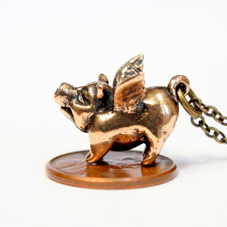Lucky Flying Pig Necklace in Solid Bronze When Pigs Fly Etsy