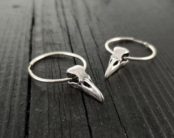 Silber Raben Schädel Hoop Ohrringe, oxidierter Vogel Schädel Schmuck