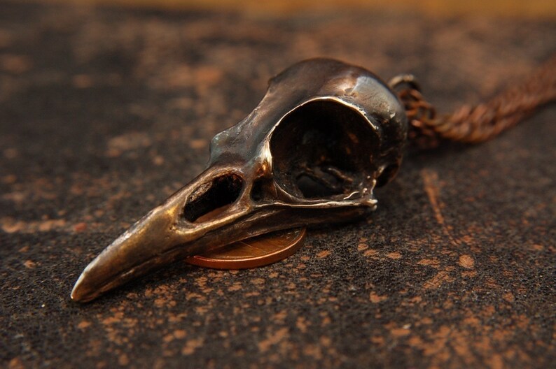 Raven Skull Necklace Aged Bronze Raven Skull Pendant Necklace Raven Skull Jewelry