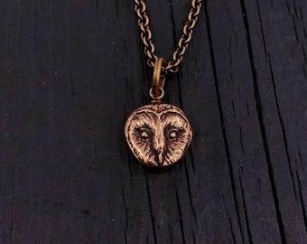 Solid Bronze Barn Owl Face Pendant Necklace - 1/2" Diameter