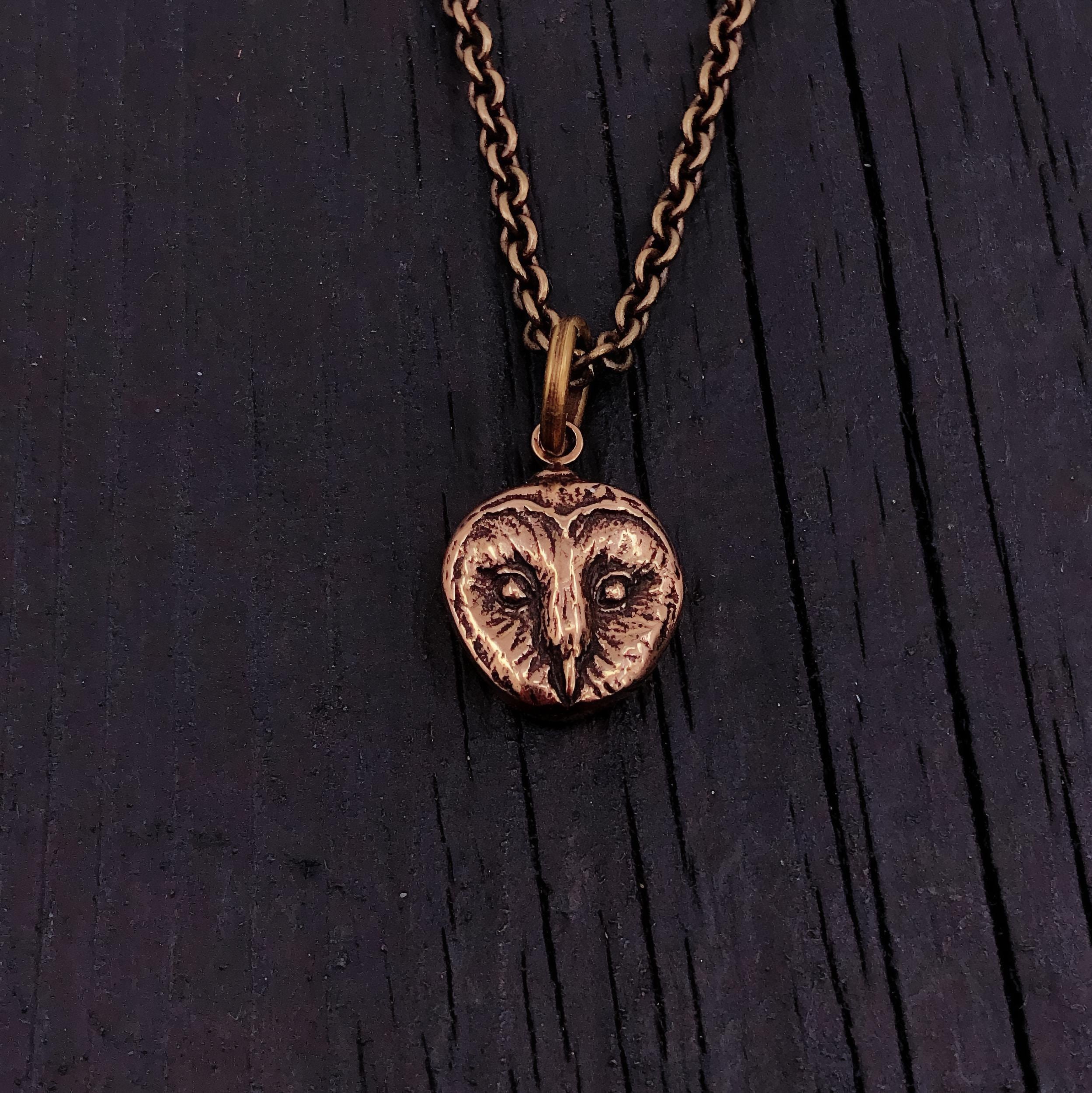 Solid Bronze Barn Owl Face Pendant Necklace - 1/2" Diameter
