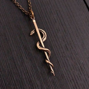 Rod Of Asclepius Pendant Necklace -solid Hand Cast Bronze - Staff Of