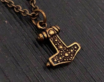 Little Thors Hammer Charm Pendant Necklace in Solid Bronze - Hobnail Design - Multiple Chain Lengths