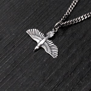 Soaring Raven in Flight Charm Pendant Necklace - Solid Hand Cast 925 Sterling Silver - Oxidised Polished Finish - Unisex Crow Bird Jewelry
