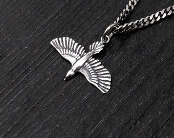 Soaring Raven in Flight Charm Pendant Necklace - Solid Hand Cast 925 Sterling Silver - Oxidised Polished Finish - Unisex Crow Bird Jewelry