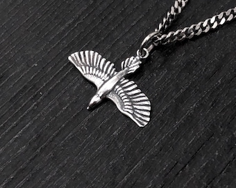 Soaring Raven in Flight Charm Pendant Necklace - Solid Hand Cast 925 Sterling Silver