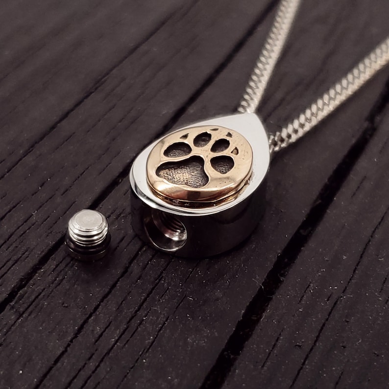 Dog Paw Print Tear Drop Cremation Ash Urn Necklace Solid Bronze on Stainless Steel Custom Engraved Personalised Mourning Pet Urn image 5