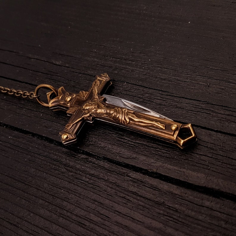 The Sisters Cross Knife Necklace Antique Brass Crucifix Etsy