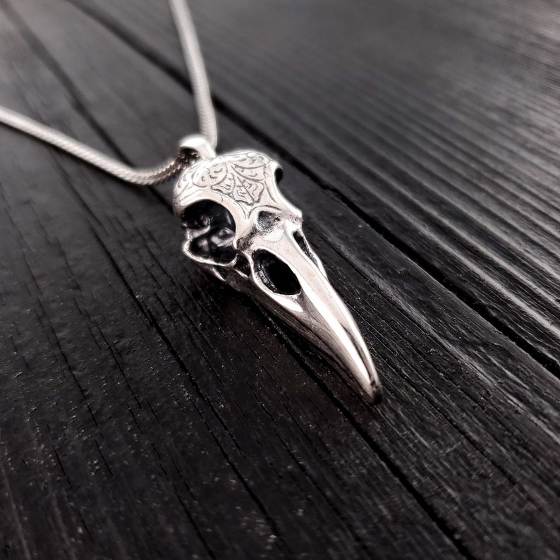 Engraved Raven Skull Pendant Necklace Solid Hand Cast .925 Sterling Silver Oxidised Polished Bird Skull Multiple Chain Options image 3