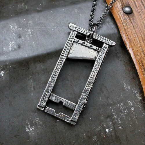 Large Guillotine Pendant Necklace - Solid Hand Cast Sterling Silver - Dark Oxidized Finish - Multiple Chain Lengths Available