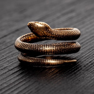 May include: A bronze-toned metal ring shaped like a coiled snake. The ring features a textured surface that mimics snake scales, with the head of the snake positioned at the top and the body wrapping around to form a circular band structure.
