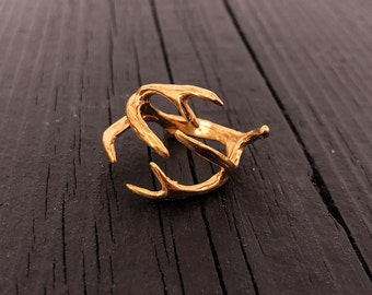Deer Antler Wrap Ring - Gold Plated Stainless Steel - Sizes 3.5 to 9.5 - Unisex Woodland Animal Nature Lover Gift