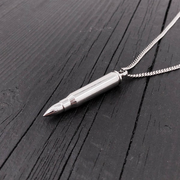 Silver Bullet Memorial Urn Necklace in Stainless Steel Cremation Urn