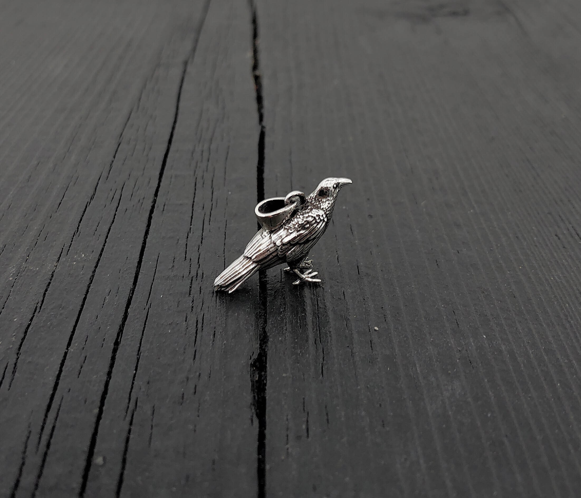 Silver Standing Raven Necklace Charm Pendant in Solid Hand Cast 925 Sterling Silver - Standing Crow Bird Unisex Nature Jewelry Gift