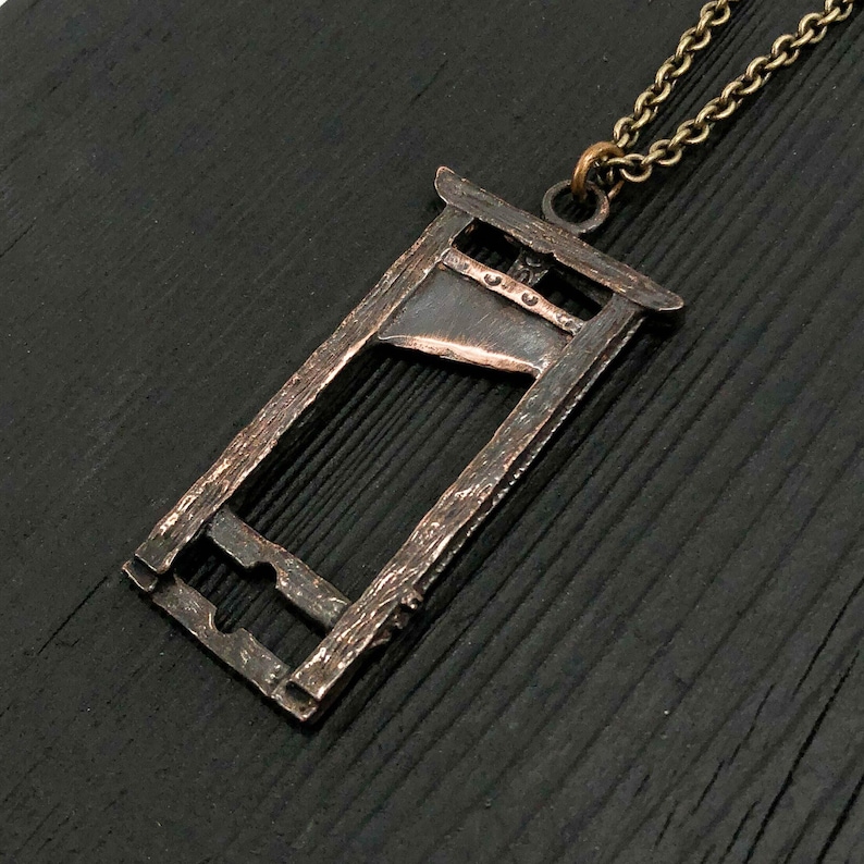 French Guillotine Charm Pendant Statement Necklace Dark Oxidized Antique Jewellers Bronze Highly Detailed Rare and Unique Jewelry image 2