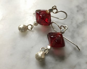Vintage Red Glass and Fine Silver Droplet Bead Earrings - Boho Chic - Casual Earrings