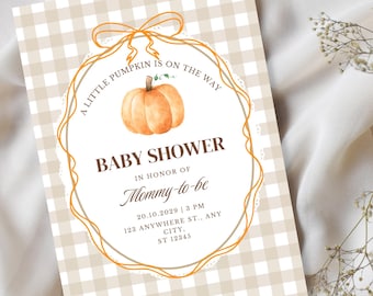 Bewerkbare uitnodiging voor een babyshower met pompoenmotief (digitale download)