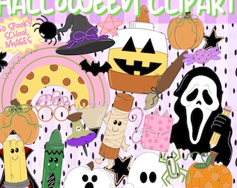 Op de afbeelding: Een verzameling Halloween-clipart met een heksenhoed, spin, pompoen, spook, maïssnoepje, potlood, krijtje en een gemaskerd figuur. De tekst luidt HALLOWEEN CLIPART en 50 SPOOKY SCHOOL IMAGES. De afbeeldingen zijn kleurrijke, cartoonachtige illustraties.