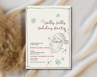 Op de afbeelding: Een crèmekleurige uitnodiging voor een vakantiefeest met een groene rand en tekst. De woorden "Holly Jolly Holiday Party" staan in een bordeauxrood script. Een Santa-illustratie en sneeuwvlokken versieren de uitnodiging. De locatie- en RSVP-gegevens zijn ook opgenomen.