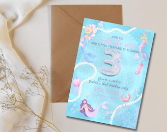 Meerjungfrau dritten Geburtstag Party kundengerechte digitale Download-Einladung