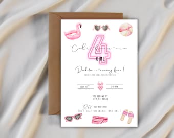 Cali-FOUR-nia Mädchen vierter Geburtstag Pool Party anpassbare digitale Download Einladung