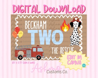 Op de afbeelding: Een digitale download met een bruine achtergrond en een geschulpte witte rand. De tekst luidt "BECKHAM TWO THE RESCUE" met een rode brandweerwagen, een dalmatiër met een brandweerhelm, ballonnen en een vlam. Bevat de tekst "3FT X 5 FT".
