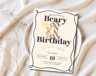Beary erste Geburtstagsfeier kundengerechte digitale Download-Einladung