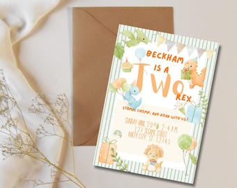 Zwei-Rex Dinosaurier zweite Geburtstagsfeier anpassbare digitale Download-Einladung
