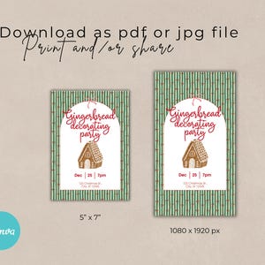 K&ouml;nnte beinhalten: Zwei Einladungsdesigns f&uuml;r eine Lebkuchen-Dekorationsparty. Die Einladungen zeigen eine Lebkuchenhaus-Illustration und den Text "Gingerbread decorating party". Die Einladungen haben einen gr&uuml;nen Hintergrund mit roten Akzenten.
