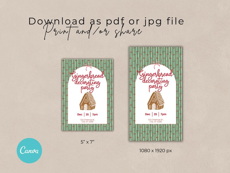K&ouml;nnte beinhalten: Zwei Einladungsdesigns f&uuml;r eine Lebkuchen-Dekorationsparty. Die Einladungen zeigen eine Lebkuchenhaus-Illustration und den Text "Gingerbread decorating party". Die Einladungen haben einen gr&uuml;nen Hintergrund mit roten Akzenten.