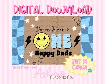 Op de afbeelding: Een digitale downloadbanner met een bruine achtergrond en blauwe geblokte zijranden. De tekst luidt Daniel James is ONE Happy Dude. Het bevat een geel smileygezicht met een steroog, zwarte bliksemschichten en witte sterren.