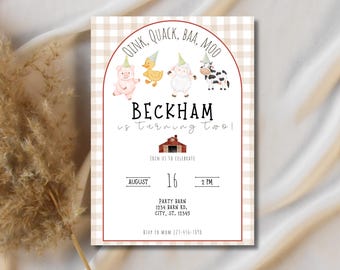 Oink Quack Baa Moo Tweede verjaardagsfeestje aanpasbare digitale downloaduitnodiging