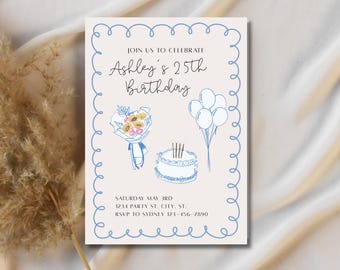 Personalisierbare Geburtstagseinladung: Blaue Party, Abendessen (Digitaler Download)