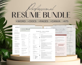 May include: A set of four professional resume templates in a minimalist style with a neutral color palette. The templates are designed for use with Word, Docs, Pages, Canva, and ATS. The text on the templates includes "ATS Friendly", "Professional Resume Bundle", "Word", "Docs", "Pages", "Canva", "ATS", "Adeli", "Dani Mille", "Daniel Gallego", "Interior Designer", "Xwell", "Contact", "Education", "Skills", "Certifications", "Work Experience", "Skills Background", "Languages", "Job Profile", "Education & Training", "Social Skills", "Awards", "Certifications", "Languages", "Job Profile", "Education & Training", "Social Skills", "Awards", "Certifications", "Languages", "Job Profile", "Education & Training", "Social Skills", "Awards", "Certifications", "Languages", "Job Profile", "Education & Training", "Social Skills", "Awards".