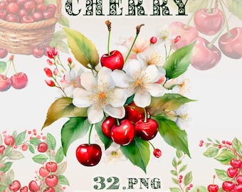 30 Cherry PNG Clipart Bundle – High-Quality Transparent PNGs for Decoration for crafts