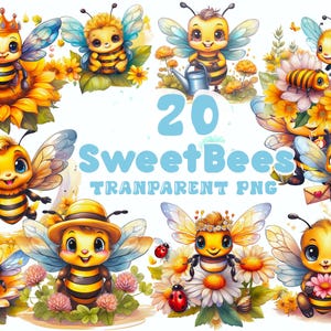 20 niedliche Bienen Clipart PNG Bundle - Süße Cartoon Bienen mit Blumen, transparenter Hintergrund, Aquarell Hummel, Kinder Party, Sublimation
