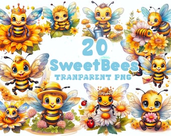 20 Cute Bees Clipart PNG Bundle - Sweet Cartoon Bees with Flowers, Transparent Background, Watercolor Bumble Bee, Kids Party, Sublimation