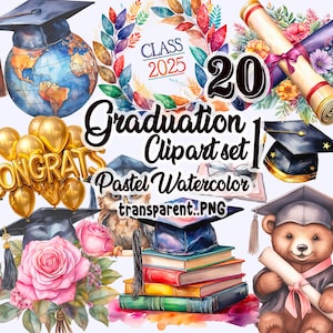 Abitur 2025! Clipart-set1 PNG | Aquarell Abschlussmütze, Diplom, Ballons | Transparenter Hintergrund | Abschlussfeier Sublimation