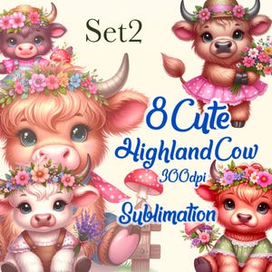 8 Highland Cow HiResolution for Print,set2. For Sublimation Transparent ClipArt PNG – Cute RusticFarm Rattle Animal .Digitall for Crafts