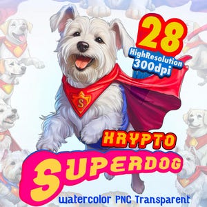 Krypto The Superdog PNG Bundle – 28 Cute Hero Dog Cliparts, Transparent Background, Watercolor Digital Download