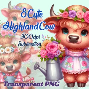 8 Highland Cow  ,set1 Watercolor Transparent ClipArt PNG – Cute Rustic Farm Rattle Animal .Digital Download for Sublimation & Crafts