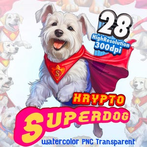 Paquete PNG de Krypto, el superperro: 28 adorables imágenes prediseñadas de perros héroes, fondo transparente, descarga digital en acuarela