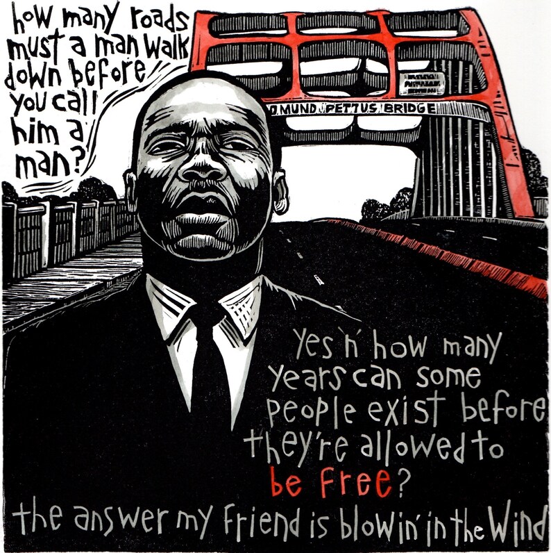 Blowin’ in the Wind Bob Dylan MLK original painted block print civil rights Martin Luther King