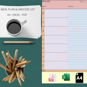 Weekly Meal Planner, Organize Your Meals, Grocery List with Grocery List Printable Template A4/EXCEL/PDF